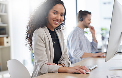Buy stock photo Portrait, woman and smile at computer in call center for customer service, advisory questions and CRM in coworking agency. Happy consultant working help desk for telecom support, FAQ contact or sales