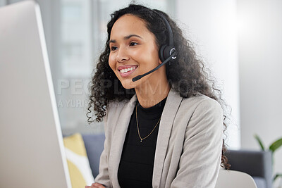 Buy stock photo Customer service, call center and happy consultant or woman speaking online for technical support, advice or help. Employee, talking and consulting person In Brazil working in crm for tech startup 