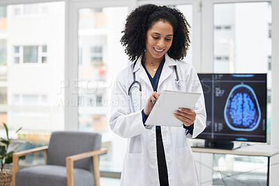 Buy stock photo Neurology, doctor and planning surgery with tablet in office with x ray, results and patient data on tech for expert consultation. Cancer, research and black woman to study the brain or neuroscience 