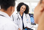 Happy woman, doctor and tablet with brain scan in neurology, healthcare or meeting in team planning at hospital. Female person or medical professional smile with technology, CT or MRI at the clinic