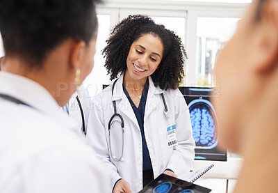 Buy stock photo Happy woman, doctor and tablet with brain scan in neurology, healthcare or meeting in team planning at hospital. Female person or medical professional smile with technology, CT or MRI at the clinic