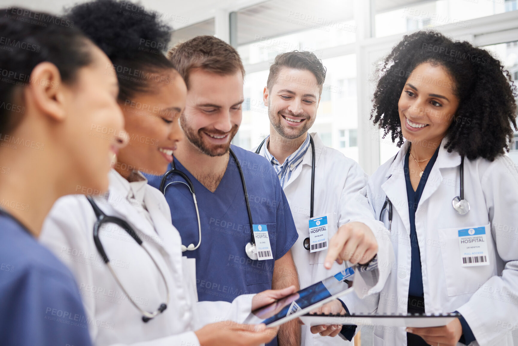 Buy stock photo Doctors, tablet and meeting in team discussion on x ray, MRI or brain scan in surgery planning at hospital. Group of happy medical or healthcare professionals with technology in teamwork at clinic