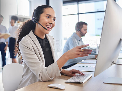 Buy stock photo Customer service, woman and speaking in call center with consultant online for technical support, advice or help. Employee, talking and consulting person In Mexico working in crm for tech startup