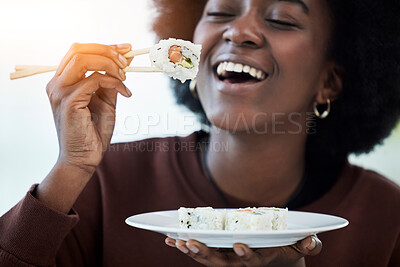 Buy stock photo Happy, woman and eating sushi with chopsticks or salmon, seafood and healthy dinner in home with plate of rice dish. Luxury, menu and person excited for fish platter, food delivery and smile on face