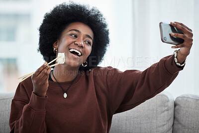 Buy stock photo Food, selfie and black woman with sushi, chopsticks and post of seafood or eating healthy dinner in home on social media. Influencer, person and photography of fish, dish or diet on blog or video