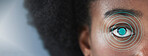 Black woman, eye scan and futuristic biometric in verification, identification or access on banner. Closeup of African female person looking in facial recognition, optical scanning or cyber security