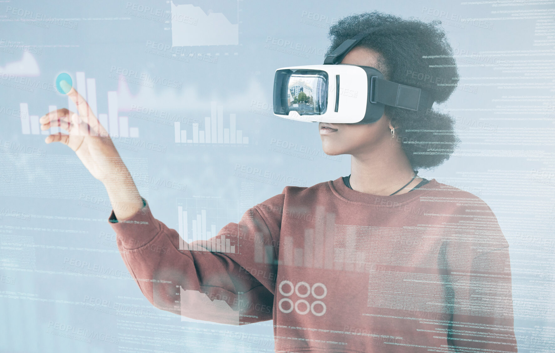 Buy stock photo Virtual reality, hologram statistics and woman in studio with user interface, metaverse and data analytics. Technology, futuristic media and person with VR glasses for research, networking and graphs