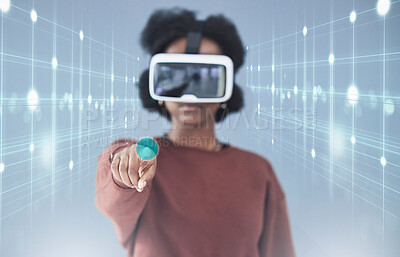 Buy stock photo Virtual reality, hologram and woman in studio for biometrics, metaverse and data analytics. Cybersecurity, futuristic technology and person with VR glasses for research, networking and software ux
