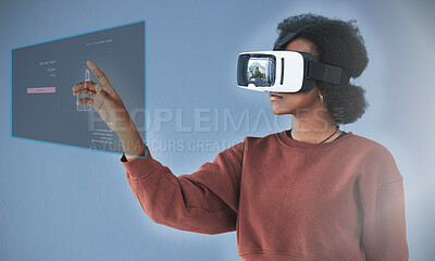 Buy stock photo Virtual reality, digital hologram and woman in studio with user interface, metaverse and cyberspace screen. Technology, futuristic media and person with VR glasses for data, networking and innovation