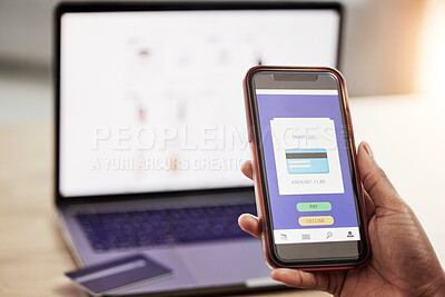 Buy stock photo Person, phone and hand with credit card on website in online shopping, payment or transaction at office. Closeup of shopper with debit on mobile smartphone app in ecommerce, buying or banking on desk