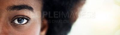 Buy stock photo Eyes, mockup and portrait of African woman with copy space for focus, thinking and vision. Banner, lens flare and closeup of half face of person looking for perception, awareness and intense stare