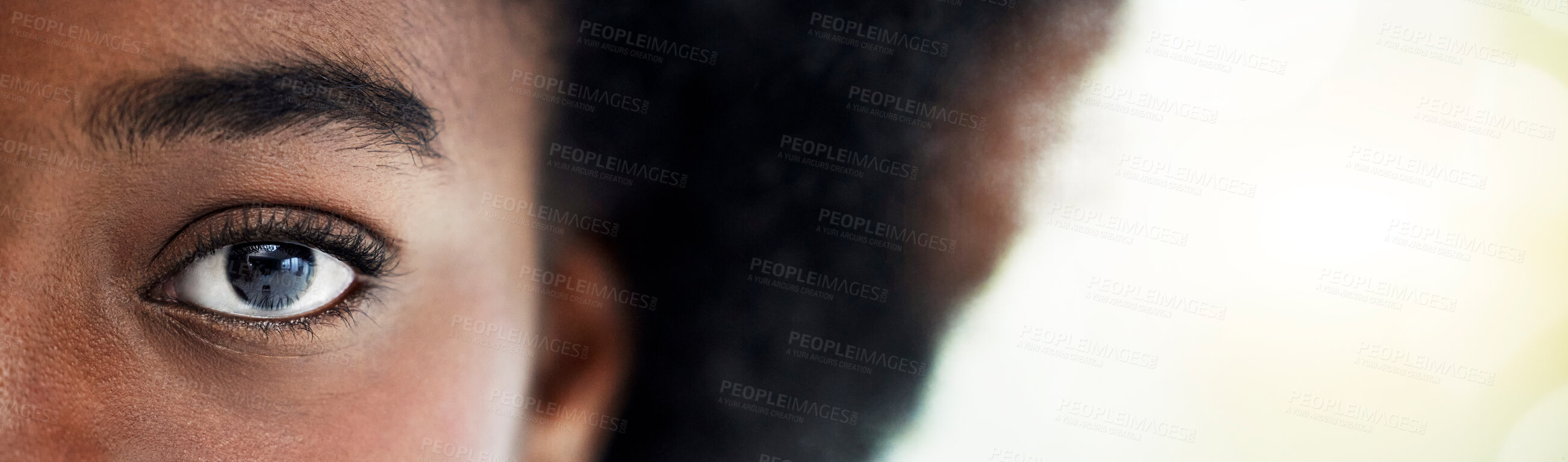 Buy stock photo Eyes, mockup and portrait of African woman with copy space for focus, thinking and vision. Banner, lens flare and closeup of half face of person looking for perception, awareness and intense stare