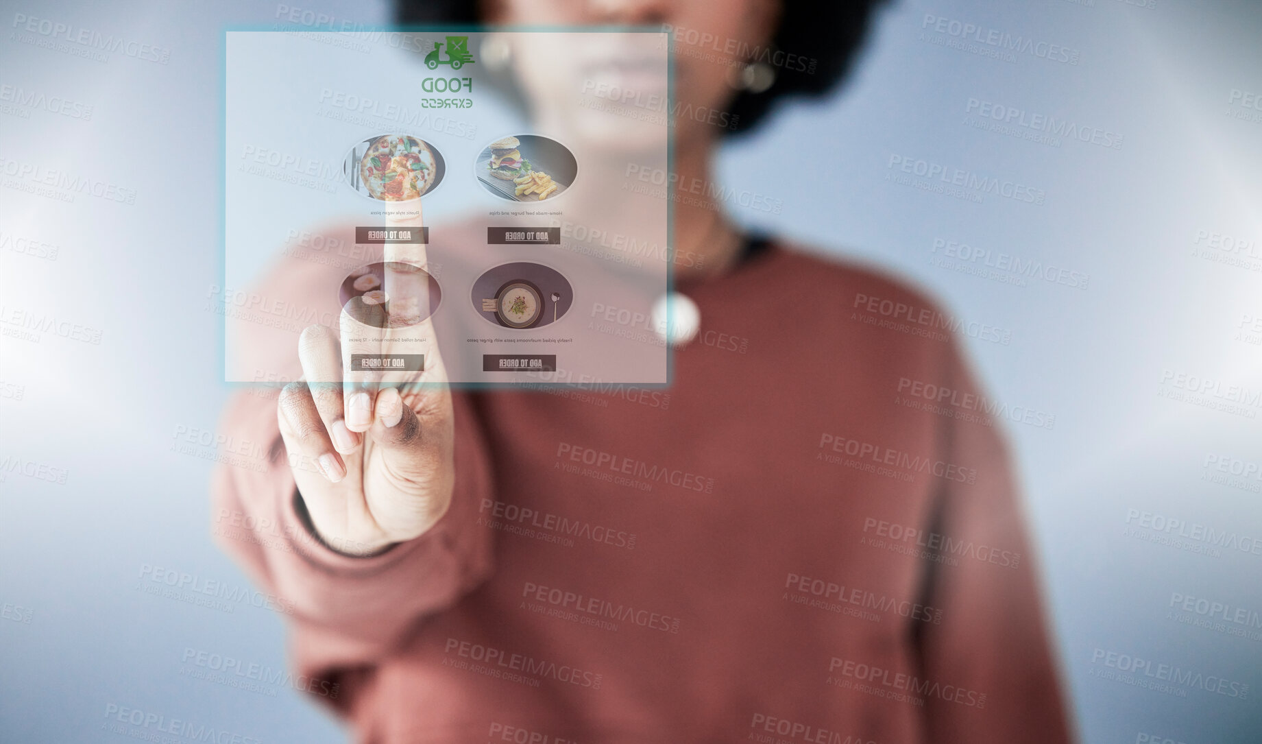 Buy stock photo Woman, hand and HUD in online shopping on food menu, UI or UX of digital hologram or dashboard. Closeup of female person in ecommerce, choice or selection on futuristic display, website or app icon