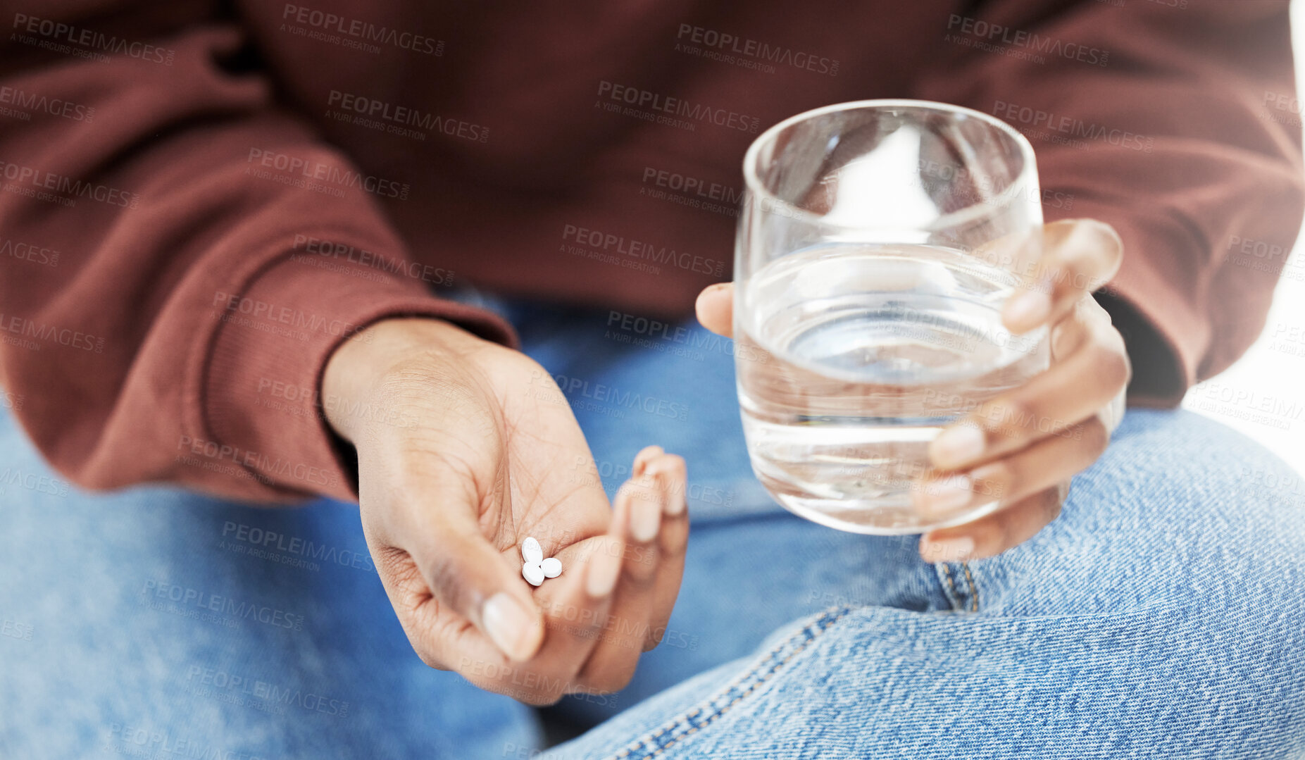 Buy stock photo Closeup, water and woman with tablets, medicine and nutrition supplements with vitamins, care and health. Zoom, person and girl with a glass, pills and medication for virus with treatment and illness