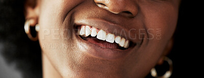 Buy stock photo Dental, beauty and teeth with closeup of person for medical, cosmetics and oral hygiene. Health, orthodontics and smile with mouth of black woman for self care, gum and whitening treatment on banner
