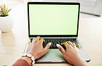 Laptop, mockup and hands of woman in home office for remote work, internet or search from above. Space, screen and keyboard with freelance female influencer for social media, blog or podcast startup