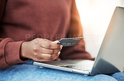 Buy stock photo Closeup, woman and hand with a laptop, credit card or online shopping with banking, investment or transaction. Person, customer or girl with a pc, payment or ecommerce with fintech or budget planning