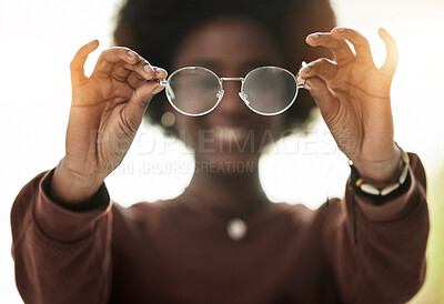 Buy stock photo Woman, hands and closeup of glasses for vision, prescription lens for fashion and eyesight. Frame, optometry and person with optical eyewear for eye care, ophthalmology and health in optician test