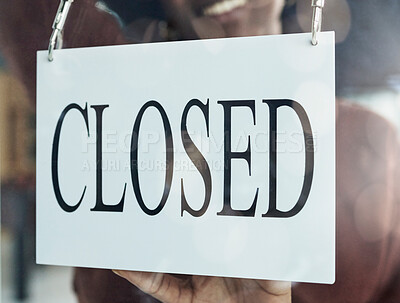 Buy stock photo Closed, sign and window of a coffee shop closeup for small business commerce or service in the food and beverage industry. Cafe, glass and poster for retail or hospitality at a startup restaurant
