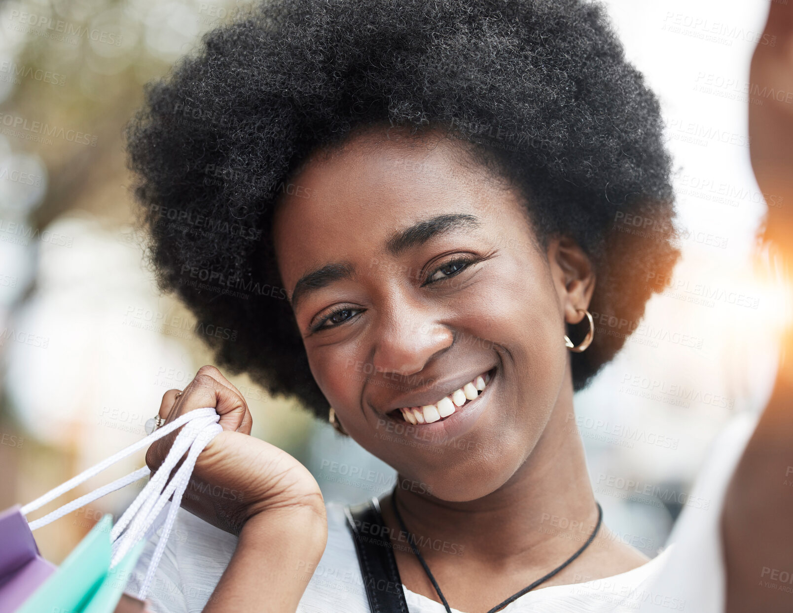 Buy stock photo Woman, selfie and shopping bag in city for social media, student sale and outdoor, happy portrait. Face of young african person or influencer smile in profile picture photography for retail or gift