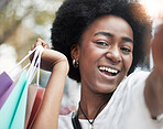 Woman, portrait selfie and shopping bag in city for social media, sale and happy winner or student. Face of young african person or influencer smile in profile picture photography for retail or gift