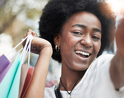 Buy stock photo Woman, portrait selfie and shopping bag in city for social media, sale and happy winner or student. Face of young african person or influencer smile in profile picture photography for retail or gift