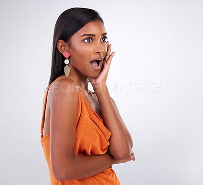 Buy stock photo Wow, surprise and woman in studio for fashion, sale and news promotion on white background space. Emoji, face and Indian lady model shocked by announcement, deal or discount, prize or giveaway winner