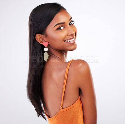 Buy stock photo Portrait, fashion and happy woman in dress at studio isolated on a white background mockup space. Face smile, style and confident Indian model in formal clothes for party, event and elegant aesthetic
