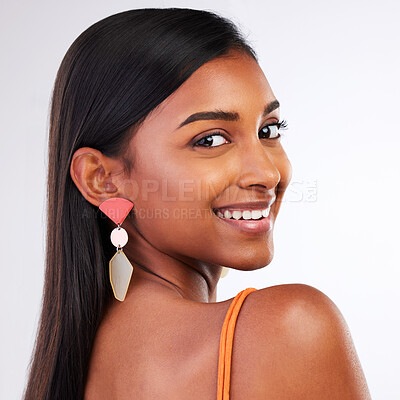 Buy stock photo Face, skincare and beauty of happy woman in studio isolated on a white background. Portrait smile, natural and confident Indian model in cosmetics for facial treatment, healthy skin and aesthetic