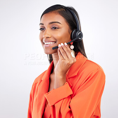 Buy stock photo Call center, listening and happy woman telemarketing, support and help in studio isolated on a white background. Contact us, customer service agent and sales consultant on mic for thinking of crm.
