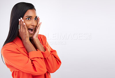 Buy stock photo Surprise, fashion and beauty with woman and space in studio for news, announcement and giveaway. Deal, shocked and wow with face of person on white background for secret, discount and sale mockup