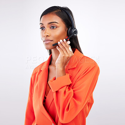 Buy stock photo Call center, listening and woman telemarketing, support and help in studio isolated on a white background. Contact us, customer service agent and sales consultant on microphone for thinking of crm
