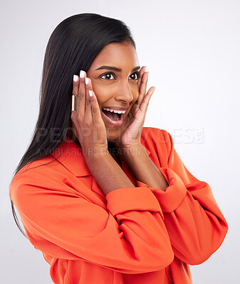 Buy stock photo Surprise, fashion and beauty with face of woman in studio for news, announcement and giveaway. Deal, shocked and wow with person on white background for secret, discount and sale notification