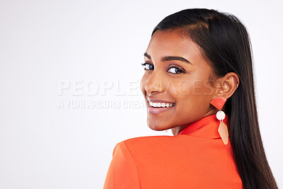 Buy stock photo Fashion face, happy and woman in suit in studio isolated on white background mockup space. Portrait smile, style and confident Indian model in formal clothes for party, luxury event and aesthetic