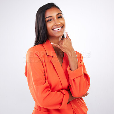 Buy stock photo Portrait, hands and business woman for call me in studio for contact us, faq or service on grey background. Face, smile and lady consultant with phone sign for calling, communication or get in touch