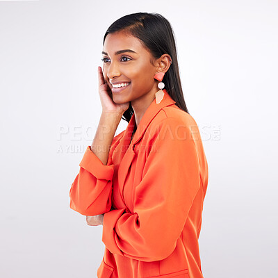 Buy stock photo Fashion, smile and young woman in a studio with a classy, formal and stylish blazer outfit. Confidence, beauty and happy Indian female model with elegant business style isolated by white background.