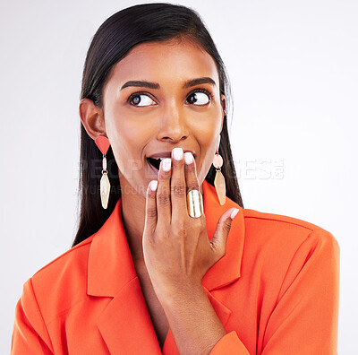 Buy stock photo Shocked, fashion and beauty with face of woman in studio for news, announcement and giveaway. Deal, surprise and wow with person on white background for secret, discount and sale notification