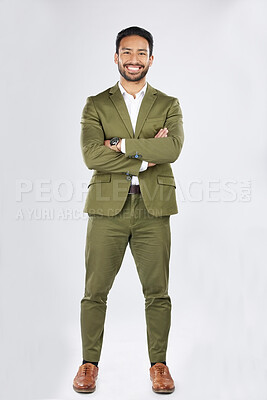 Buy stock photo Business man, arms crossed and portrait with work confidence and smile in a studio. Happy, success and male professional with corporate job pride and employee with a white background and a worker