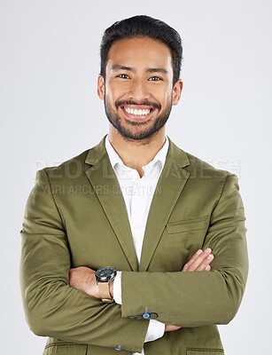 Buy stock photo Business man, arms crossed and work portrait with career confidence and smile in studio. Happy, expert and male professional with corporate job pride and employee with white background and a worker