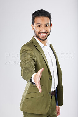 Buy stock photo Business man, handshake and offer for interview, introduction and welcome to deal, success or thank you in studio. Professional person shaking hands in POV meeting and portrait on a white background