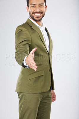Buy stock photo Business man, handshake and offer for introduction, partnership and financial deal, success or welcome in studio. Professional person shaking hands in POV meeting and portrait on a white background