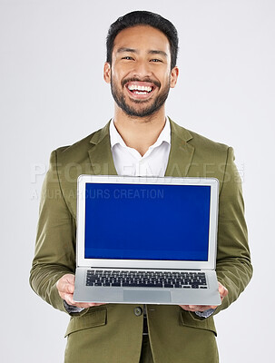 Buy stock photo Laptop screen, mockup and portrait of business man in studio for social media, communication and ux. Website, research and logo with employee on white background for email, online and internet