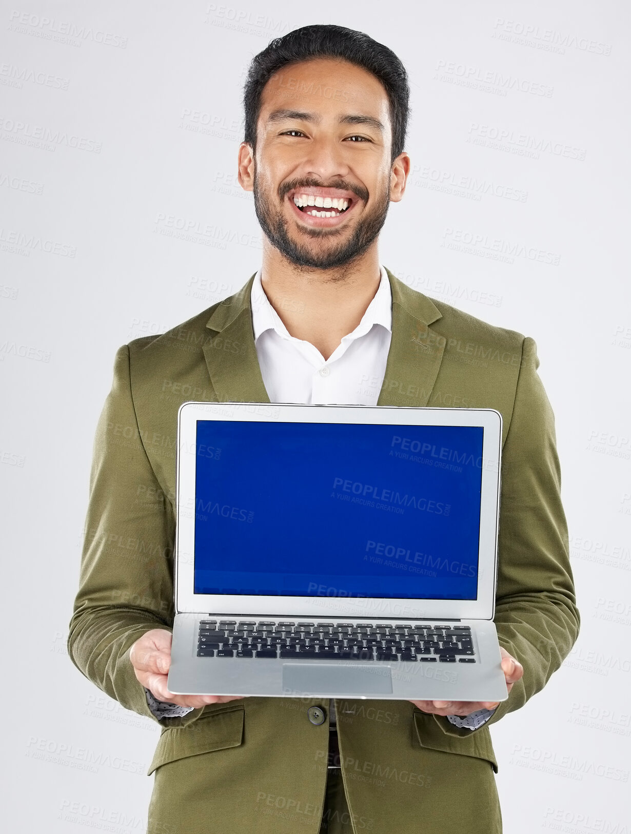 Buy stock photo Laptop screen, mockup and portrait of business man in studio for social media, communication and ux. Website, research and logo with employee on white background for email, online and internet
