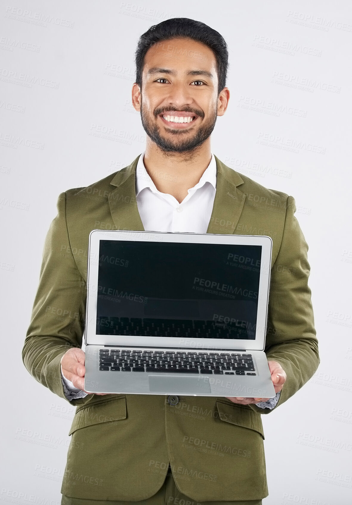Buy stock photo Laptop screen, space and portrait of business man in studio for social media, communication and ux. Website, research and logo with employee on white background for email, online and internet mockup