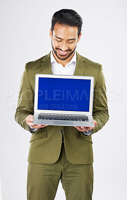 Buy stock photo Laptop screen, mockup and search with business man in studio for social media, communication and ux. Website, research and logo with employee on white background for email, online and internet