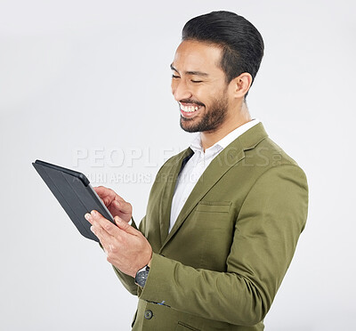Buy stock photo Smile, tablet and happy businessman search internet on technology isolated in a studio white background. Online, planning and young person or employee working on connection or networking on app