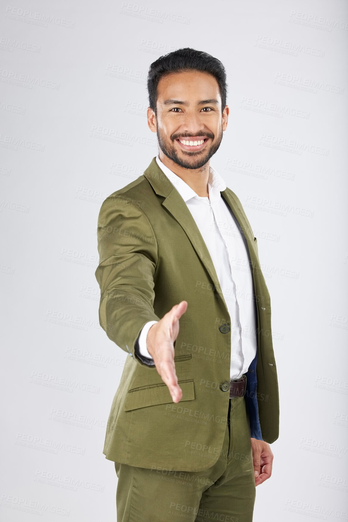 Buy stock photo Business man, shaking hands or offer in introduction, partnership and financial deal, success or welcome in studio. Professional person with handshake, POV meeting and portrait on a white background