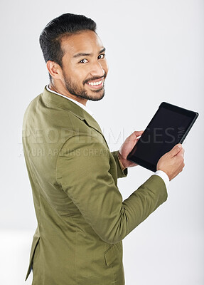 Buy stock photo Smile, tablet and portrait of businessman with technology with internet isolated in a studio white background. Online, planning and young person or employee working on connection or networking