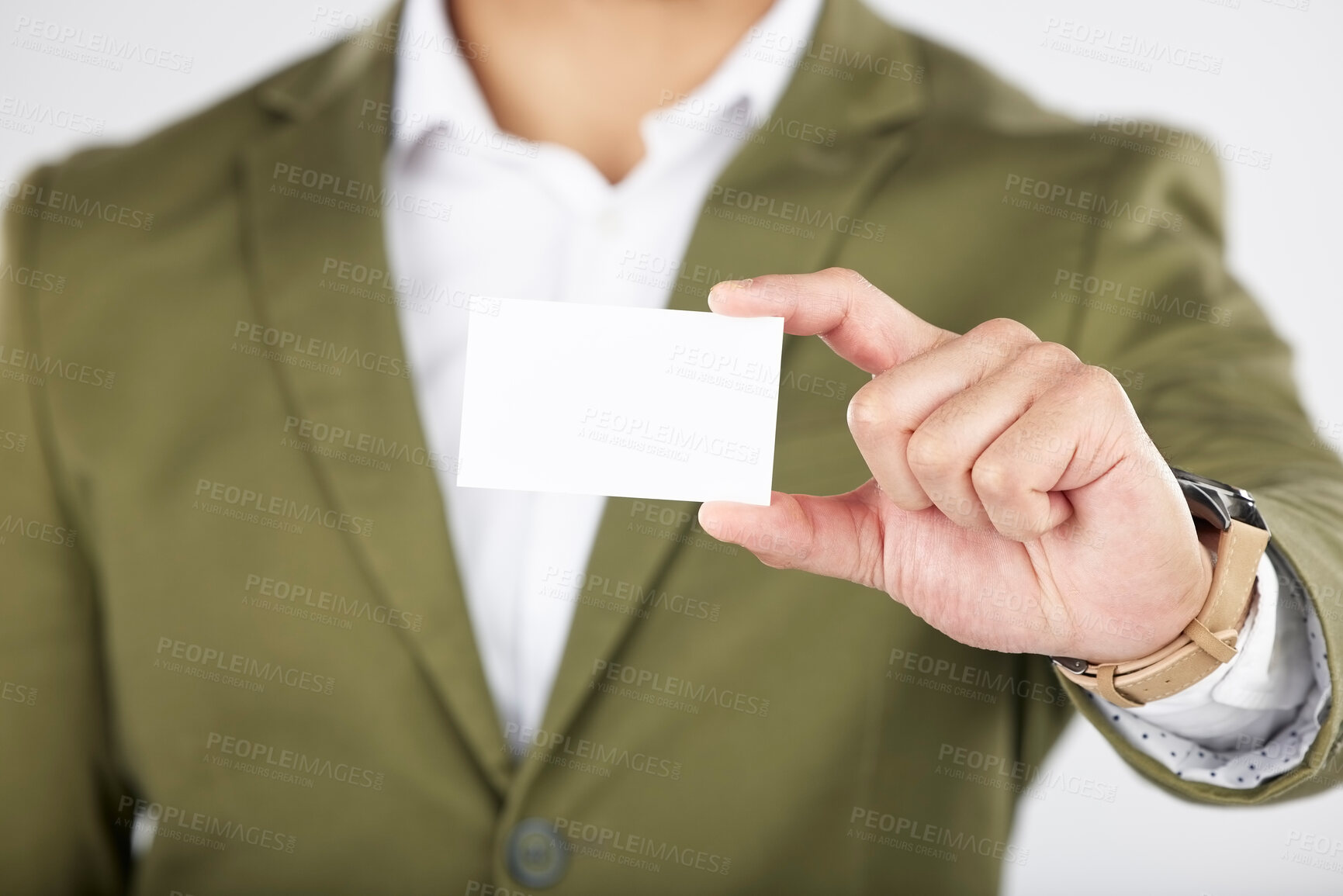Buy stock photo Man, hand and business card in advertising, marketing or branding against a white studio background. Closeup of businessman with paper, poster or sign for contact information or services on mockup