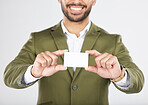 Happy man, hands and business card in advertising, marketing or branding against a white studio background. Closeup of businessman with paper or poster for contact information or services on mockup